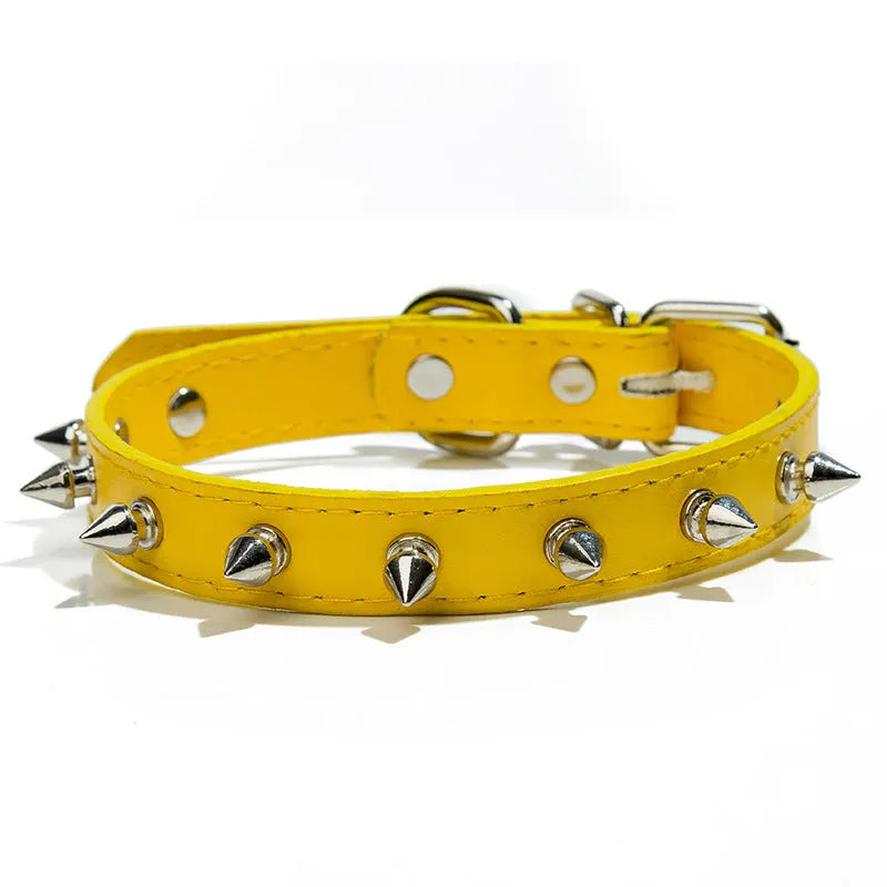 A spiked dog collar made of black PU leather with silver metal studs and an alloy buckle.