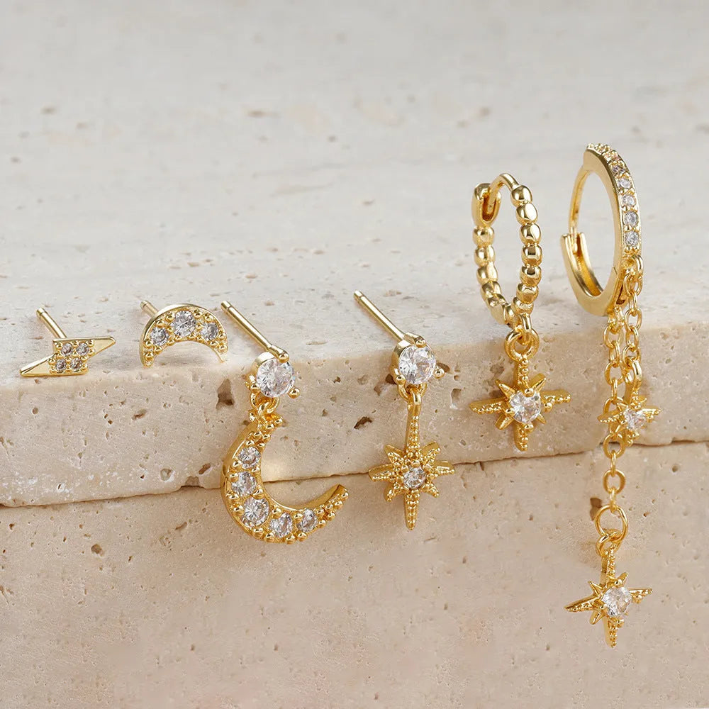 Six gold-plated zircon stud earrings with chain and tassel pendant designs for women