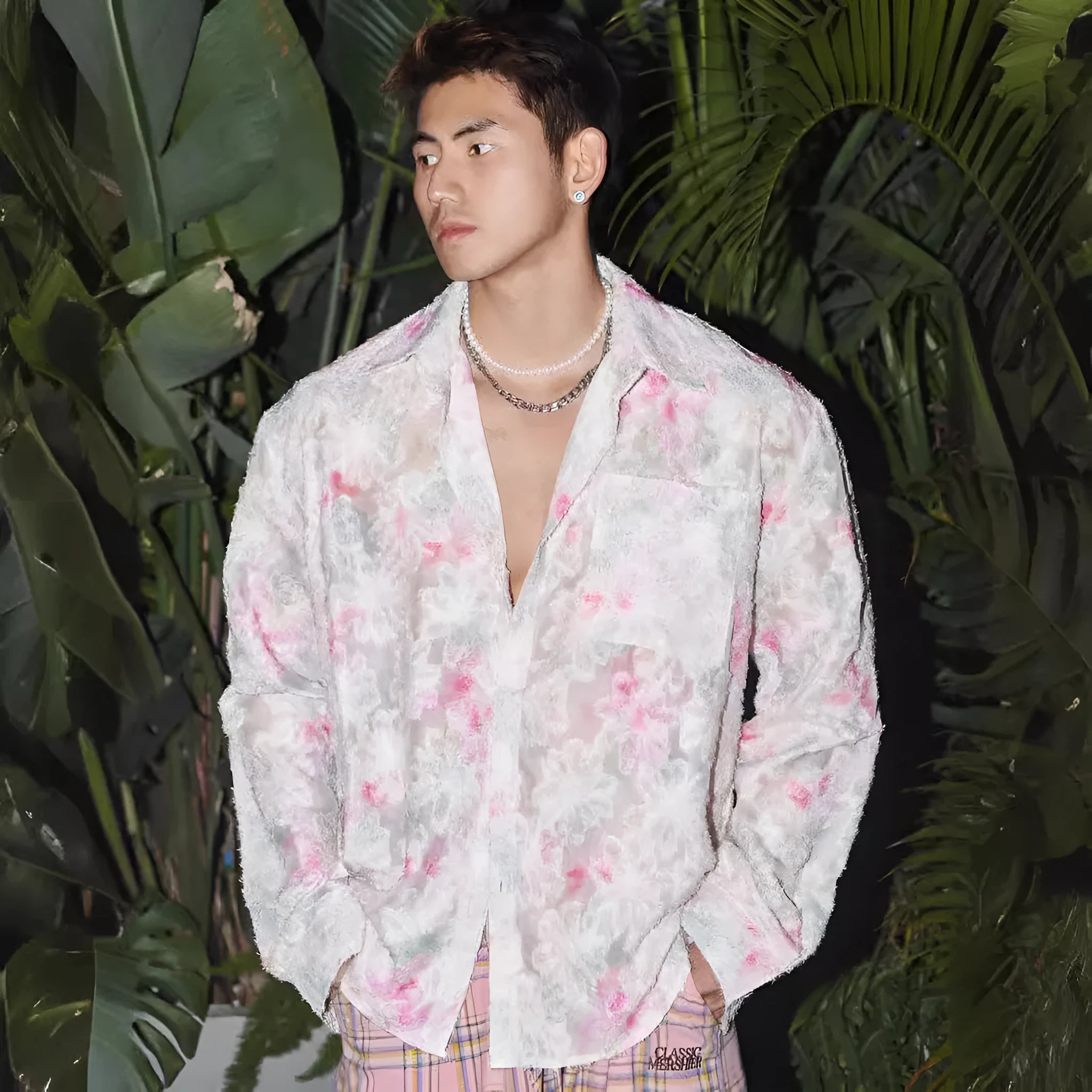 American floral embossed long sleeve shirt in chemical fibre blend fabric, loose fit design