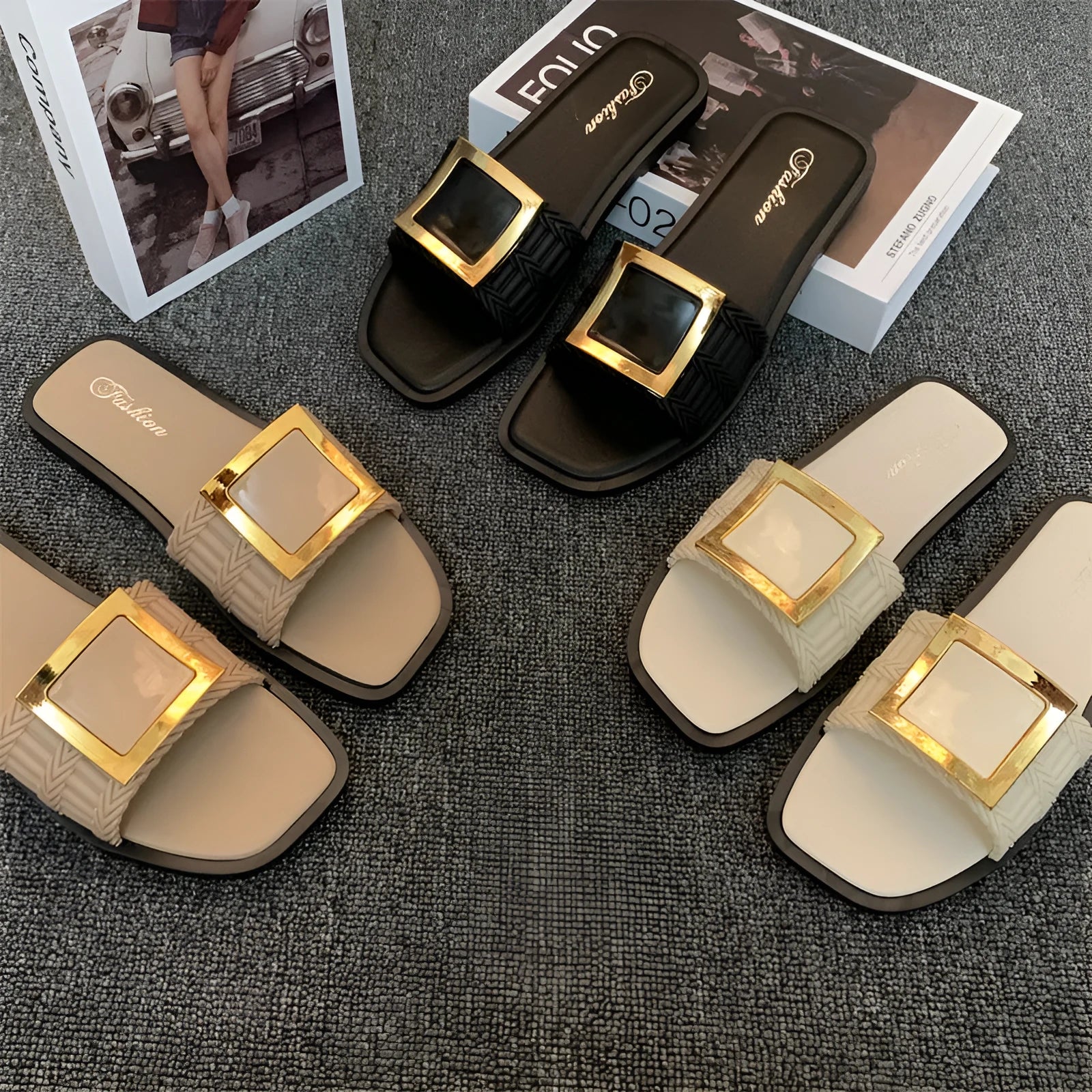 Women's casual apricot flat slippers with a waterproof PVC sole for summer.
