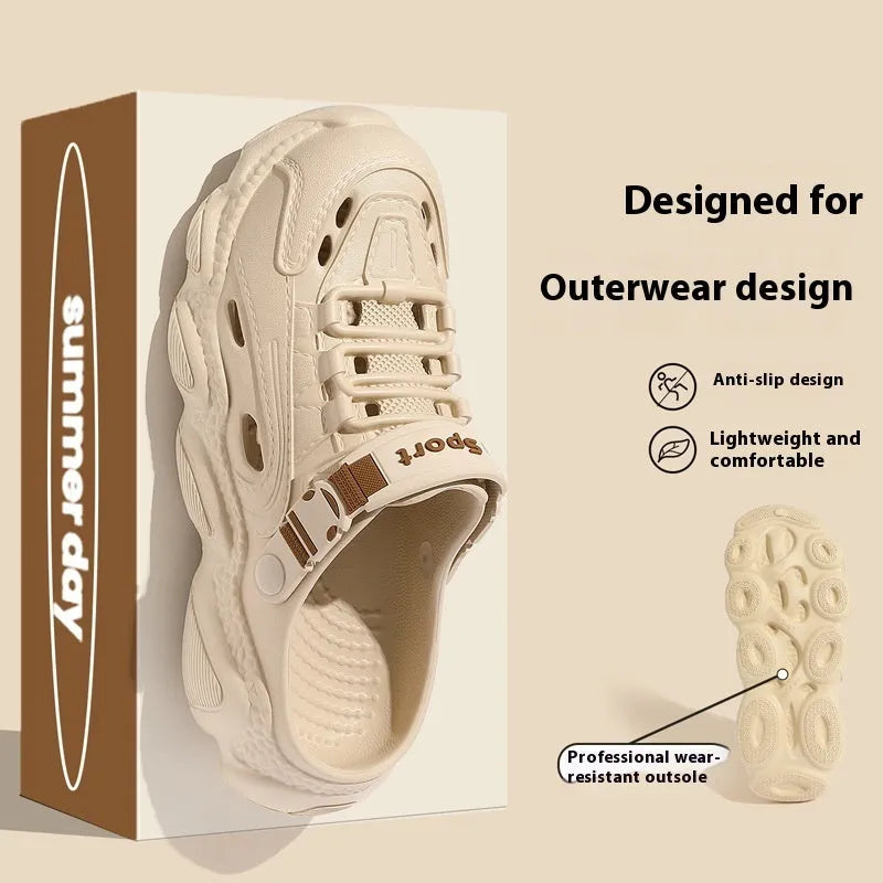 A pair of khaki men's outdoor slippers with a hollow-out pattern and a textured EVA sole.