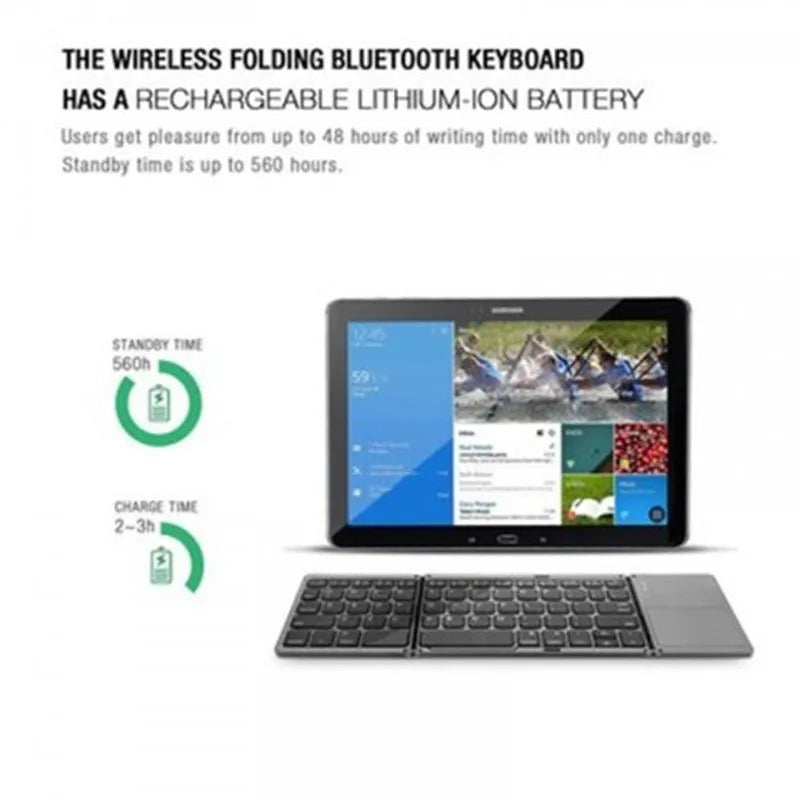 Folding Bluetooth keyboard with 64 ABS keys, built-in touch plate, in black colour, folded for portability