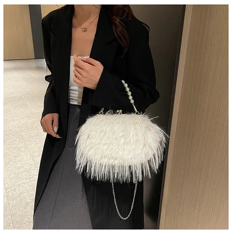 Soft plush furry crossbody shoulder bag with pearl chain and phone pocket in shell shape