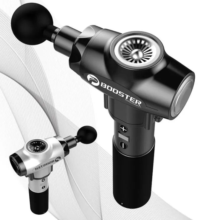 Muscle relaxation massager in black or white with adjustable speed control and lithium battery