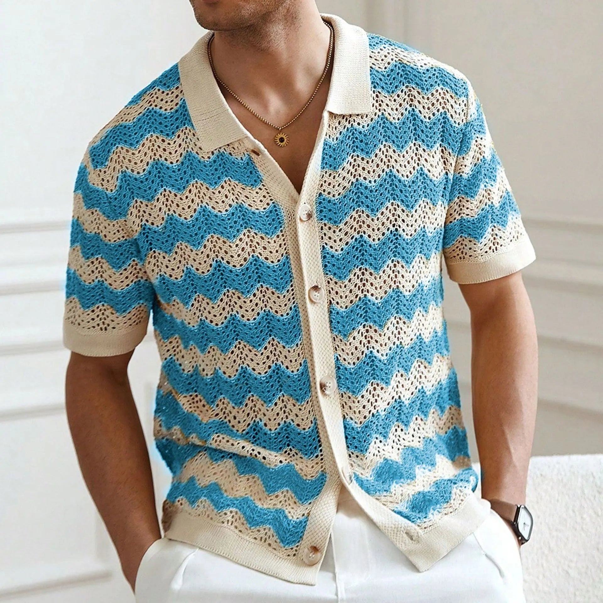 Blue hollow jacquard corrugated short-sleeved sweater with flocking detail