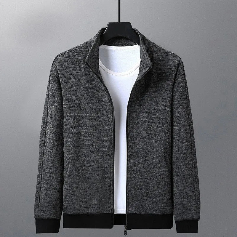 Men's black casual zip-up jacket with a stand-up collar on a hanger