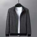 Men's black casual zip-up jacket with a stand-up collar on a hanger