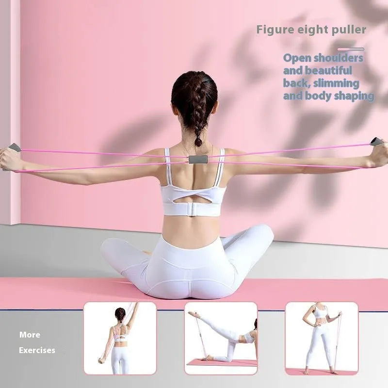 Yoga four piece set showing leg stretcher, yoga ring, pedal device, and tension rope