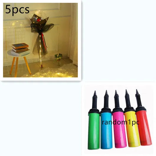 Transparent LED luminous balloon with artificial rose and built-in light, shown as a DIY bouquet kit.