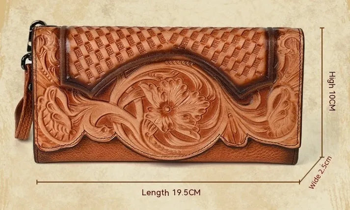 Women's brown tri-fold cowhide wallet with embossed floral pattern, shown open and closed.