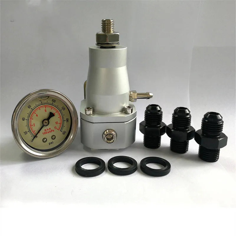 Black aluminium alloy automotive fuel pressure regulator with adjustment port and integrated gauge mounting strap.