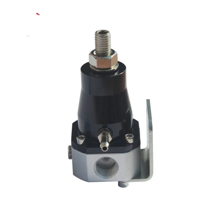 Black aluminium alloy automotive fuel pressure regulator with adjustment port and integrated gauge mounting strap.