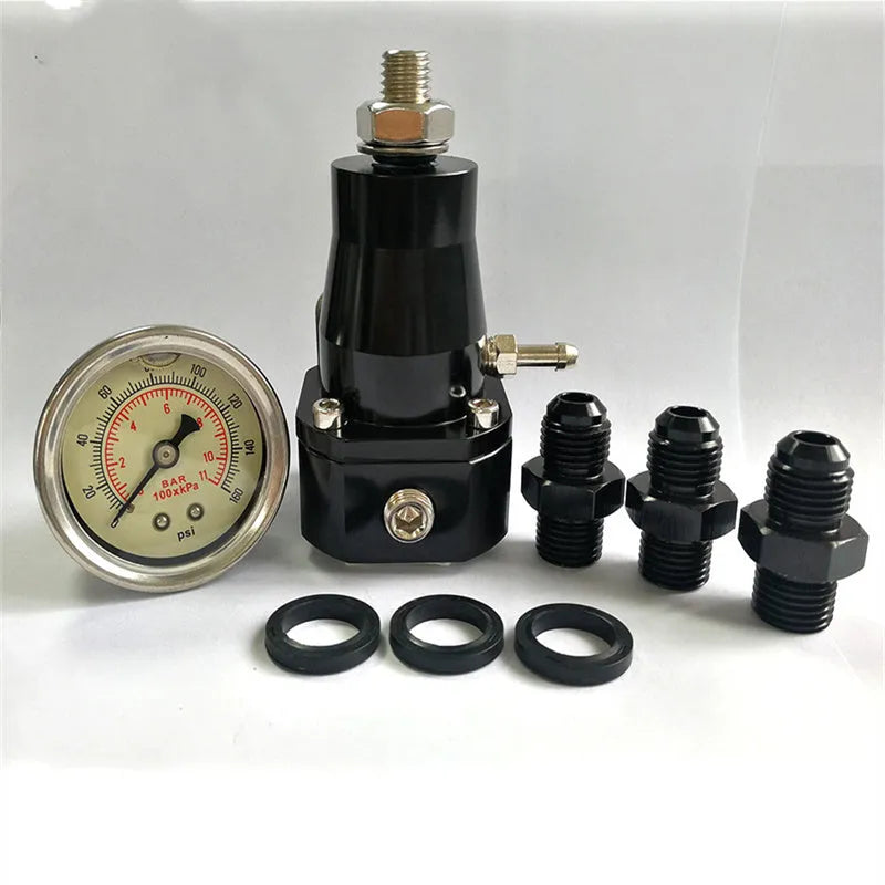Black aluminium alloy automotive fuel pressure regulator with adjustment port and integrated gauge mounting strap.