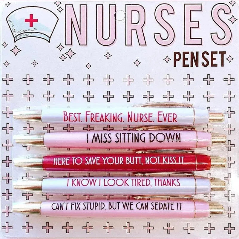 Set of five blue nurse-themed retractable ballpoint pens with plastic casing.