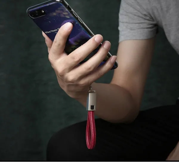 20cm leather iPhone charging cable with zinc alloy connectors in black, brown, or red