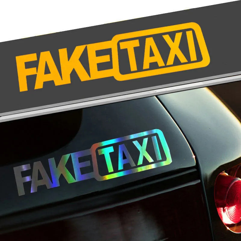 FAKE TAXI car warning sticker in yellow, 20 cm by 8 cm, made of waterproof PET material.