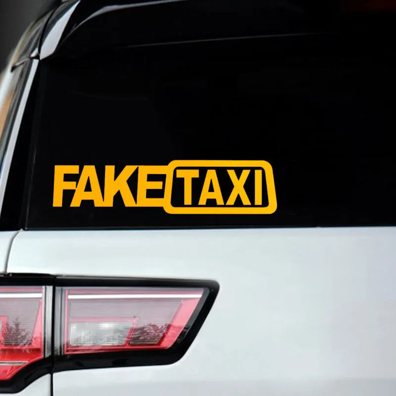 FAKE TAXI car warning sticker in yellow, 20 cm by 8 cm, made of waterproof PET material.
