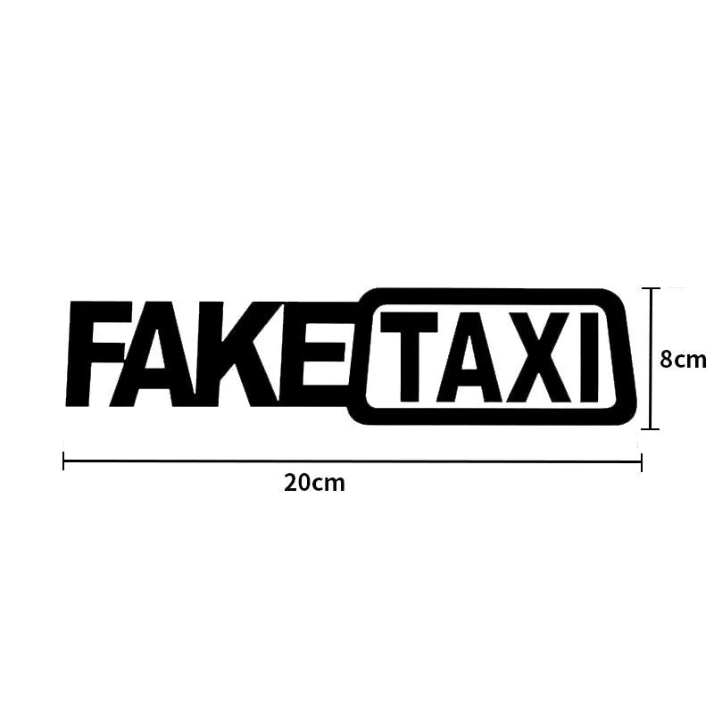 FAKE TAXI car warning sticker in yellow, 20 cm by 8 cm, made of waterproof PET material.