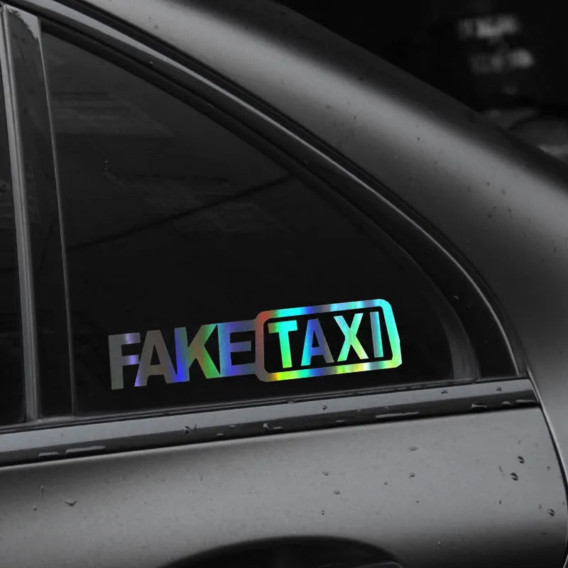 FAKE TAXI car warning sticker in yellow, 20 cm by 8 cm, made of waterproof PET material.