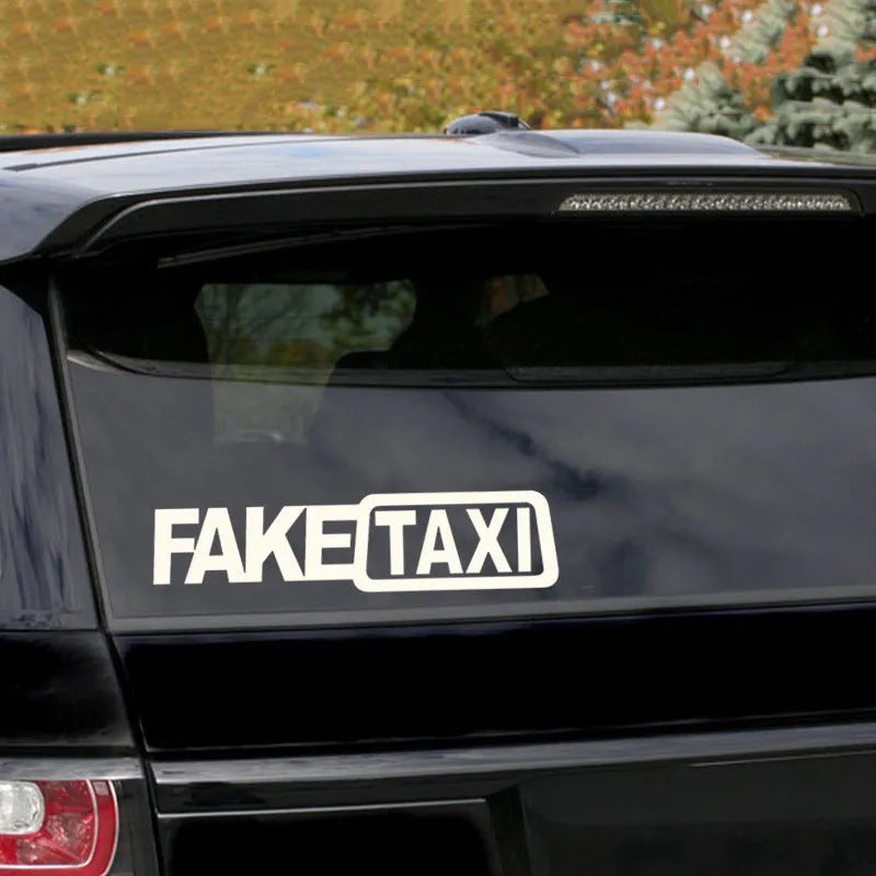 FAKE TAXI car warning sticker in yellow, 20 cm by 8 cm, made of waterproof PET material.