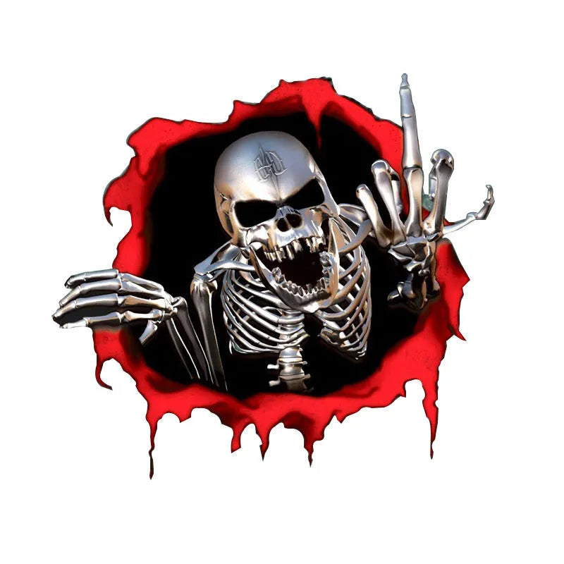 Close-up of a colourful reflective metal skull car sticker with a broken shell pattern, measuring 15cm by 14cm.