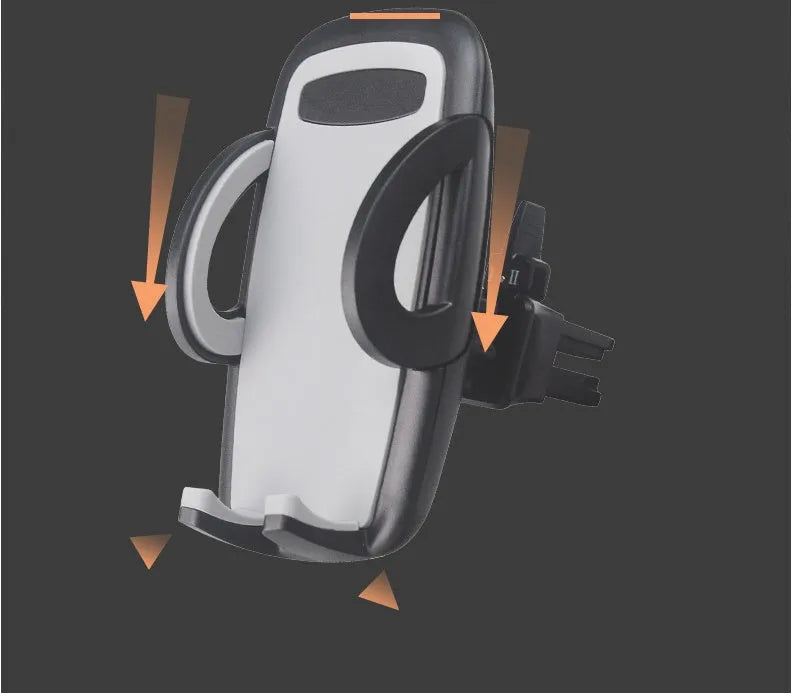 Black plastic car air vent phone holder mounted on car dashboard with mobile phone securely in cradle