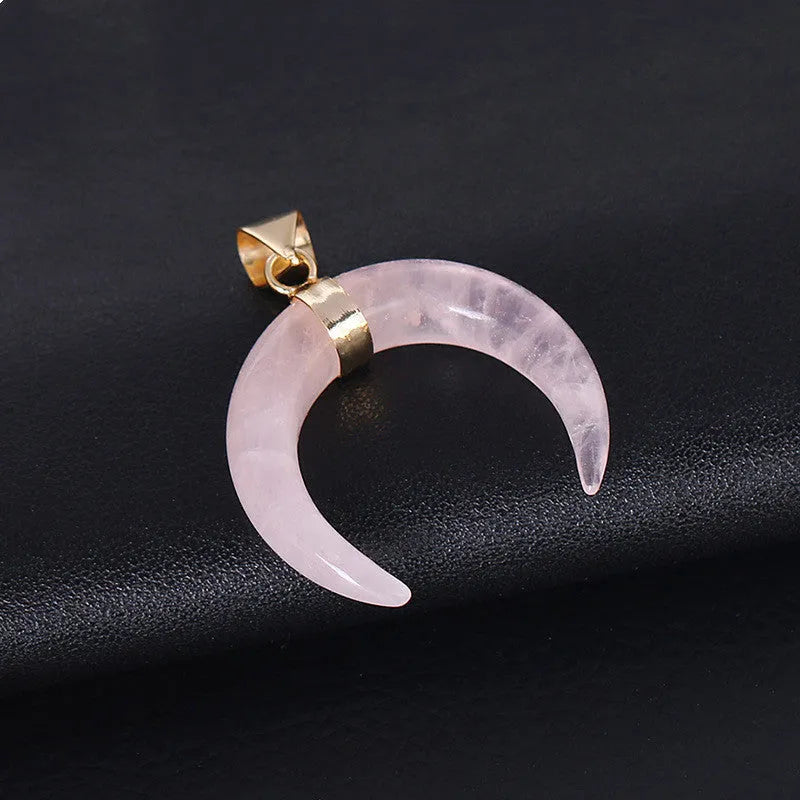 Crystal moon pendant necklace with natural stone charm on adjustable copper chain