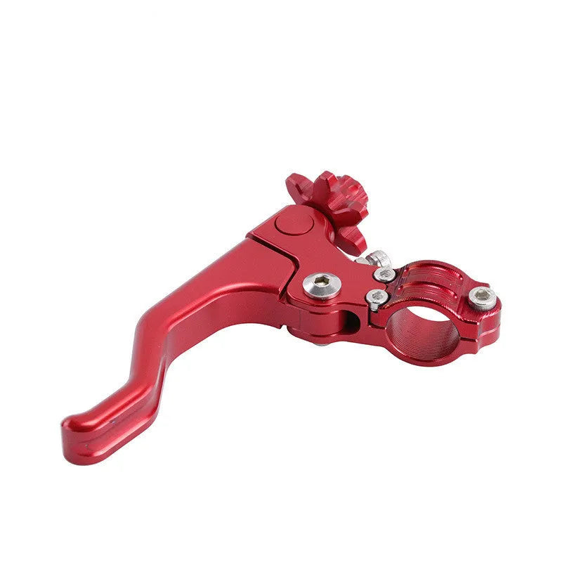 Aluminium alloy two-finger motorcycle clutch lever shown in various colour options including red, black, and silver.