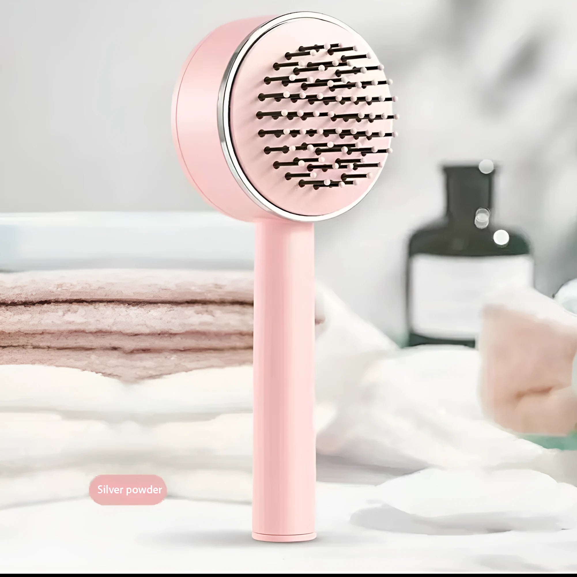 One-key self-cleaning hair brush with 3D air cushion and round-head pins, available in green, pink and white, size 20x9cm