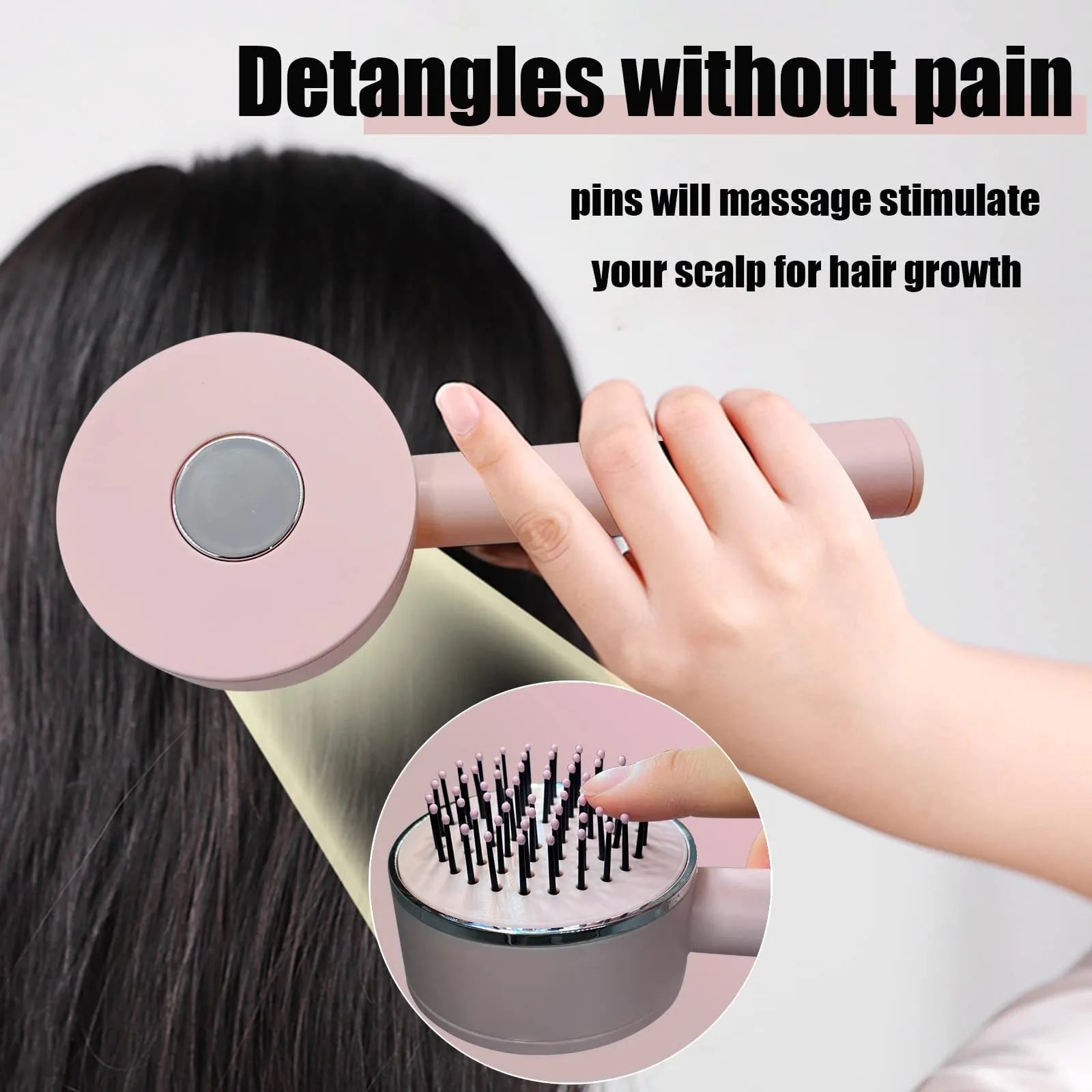 One-key self-cleaning hair brush with 3D air cushion and round-head pins, available in green, pink and white, size 20x9cm
