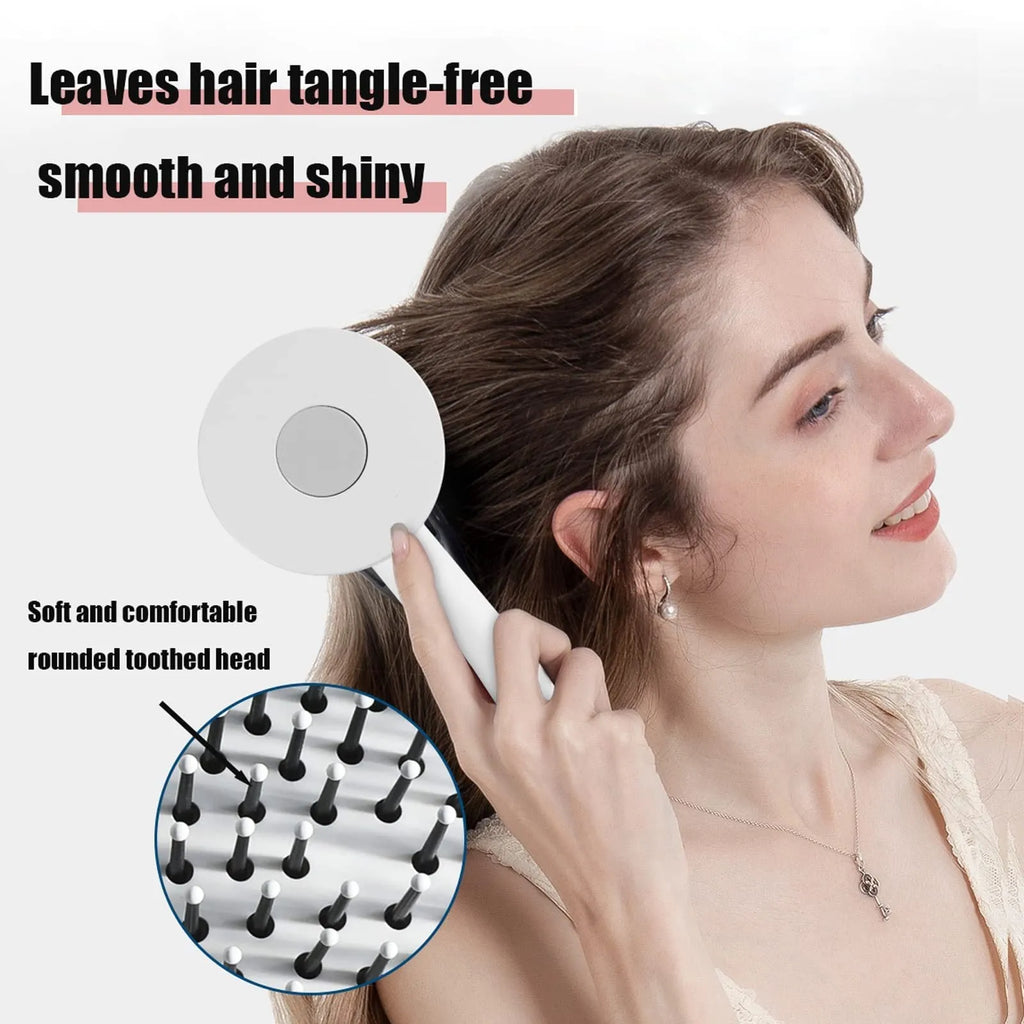 One-key self-cleaning hair brush with 3D air cushion and round-head pins, available in green, pink and white, size 20x9cm