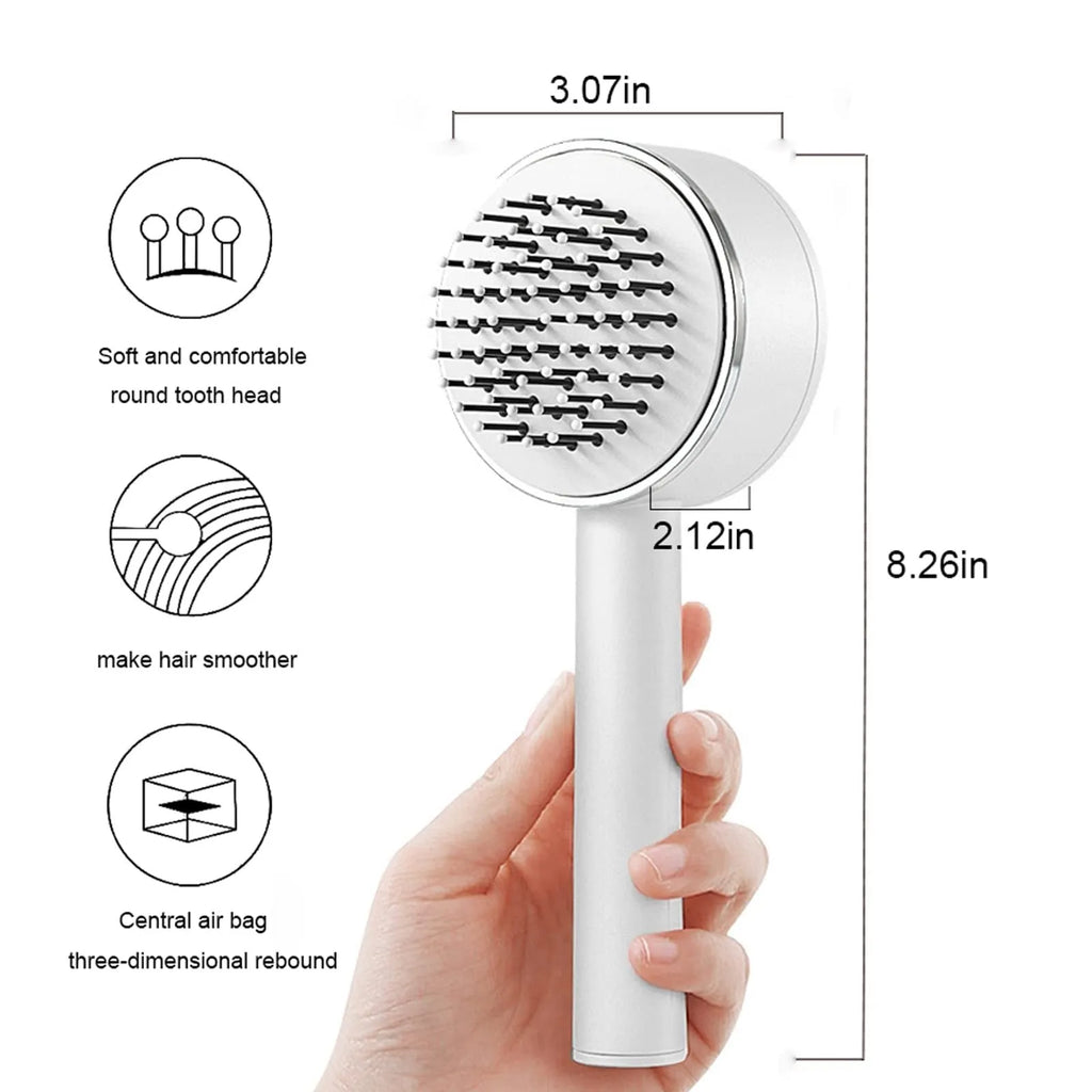 One-key self-cleaning hair brush with 3D air cushion and round-head pins, available in green, pink and white, size 20x9cm