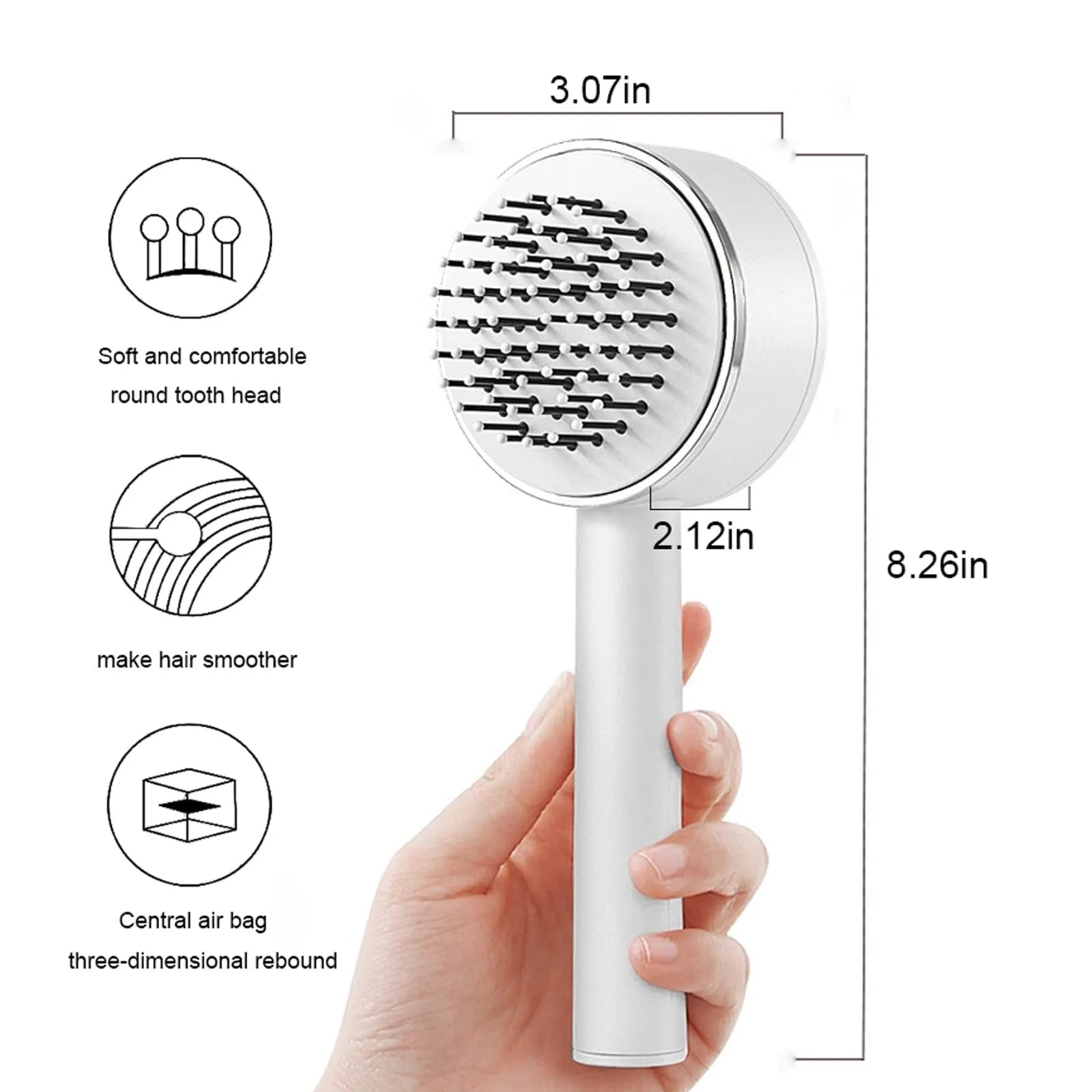 One-key self-cleaning hair brush with 3D air cushion and round-head pins, available in green, pink and white, size 20x9cm
