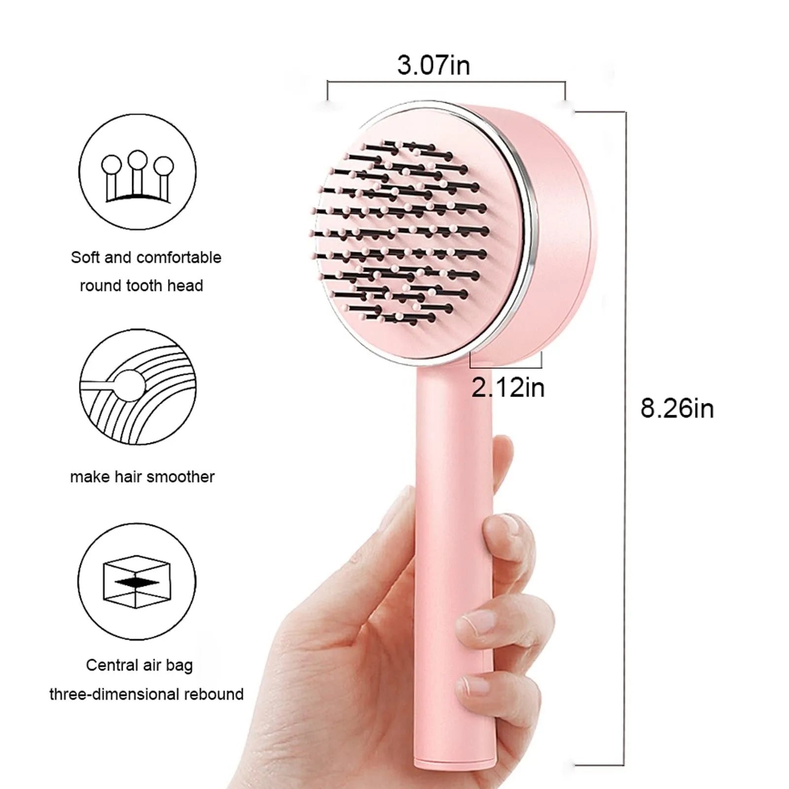 One-key self-cleaning hair brush with 3D air cushion and round-head pins, available in green, pink and white, size 20x9cm