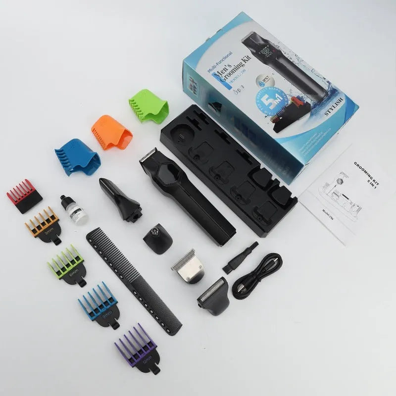 Five-in-one magnetic cutter head men's hair clipper suit with attachments, low noise, full wash, Style 1