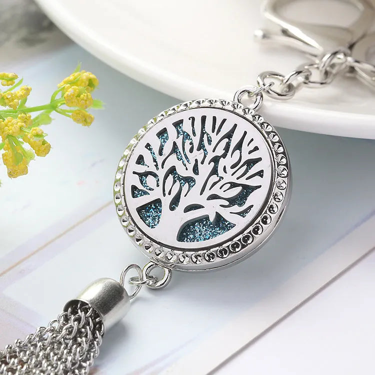 Alloy tassel aromatherapy car pendant with cotton pads on 50cm chain for fragrance diffusion