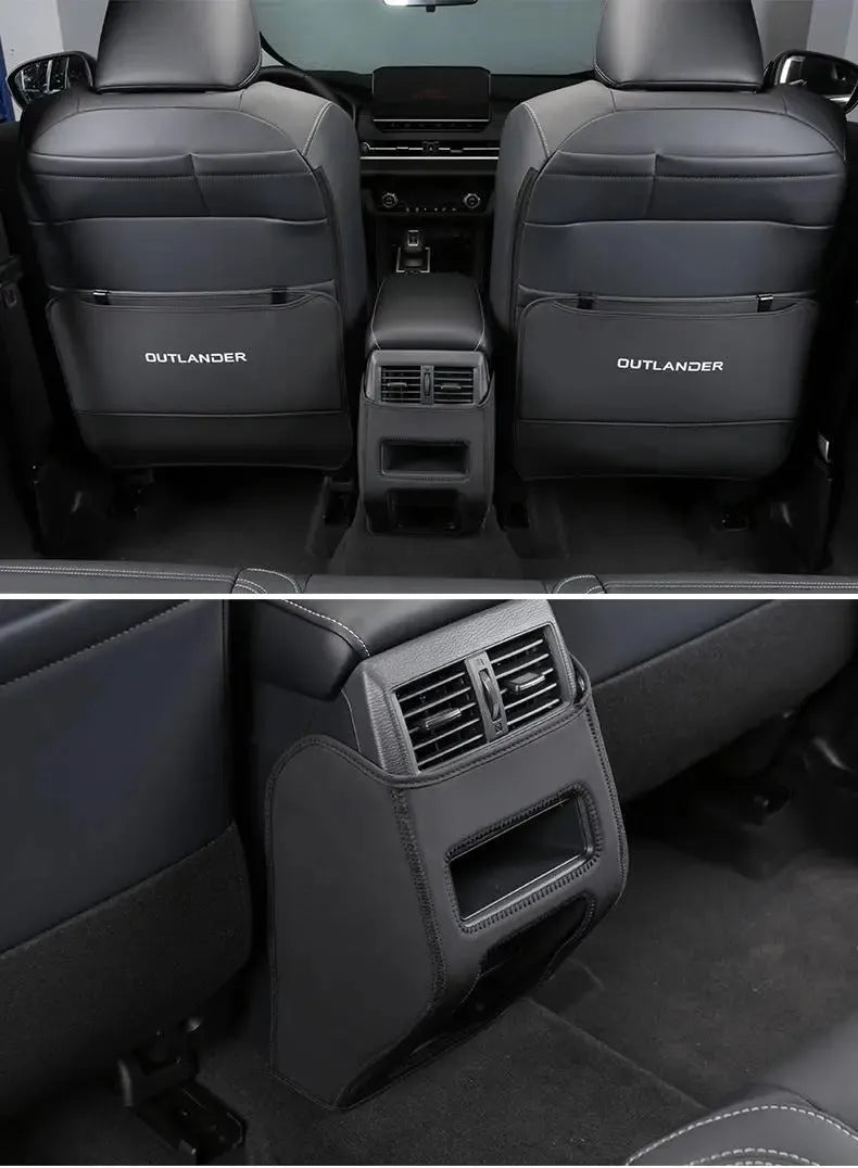 Three black leather anti-kick protection pads for Mitsubishi Outlander seat armrests and centre console