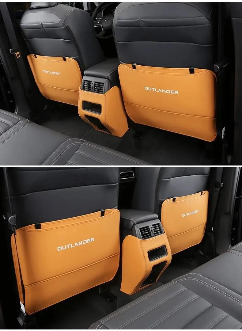 Three black leather anti-kick protection pads for Mitsubishi Outlander seat armrests and centre console