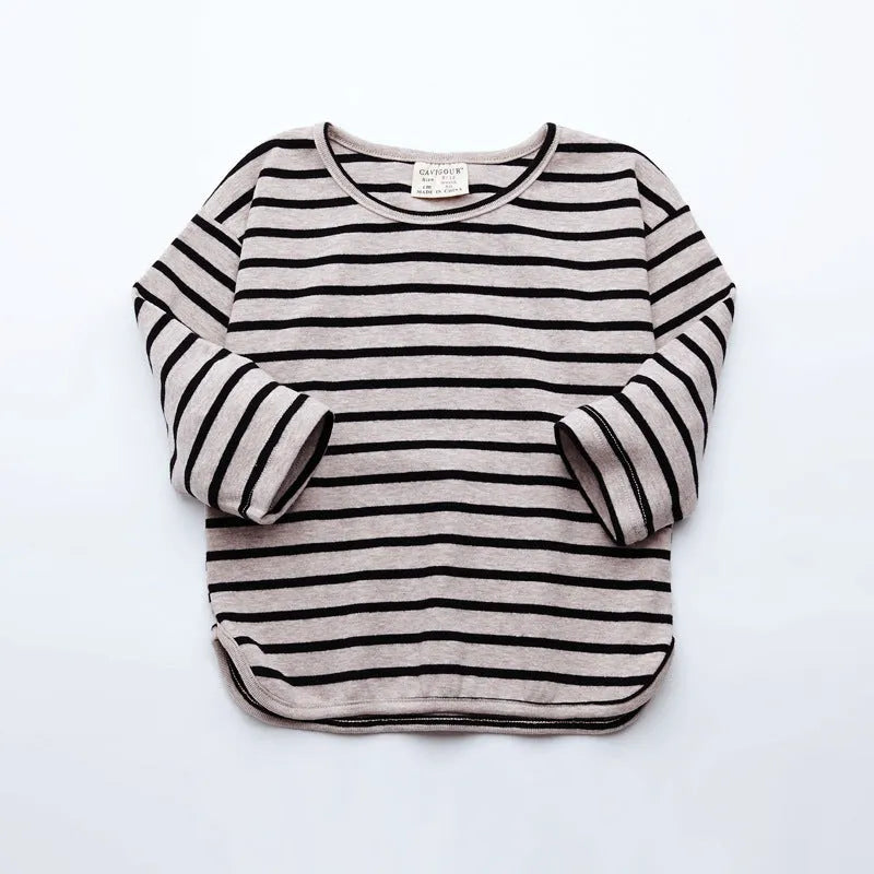 Fashion striped print kids baby girls cotton long sleeve T shirt in black and red on white background