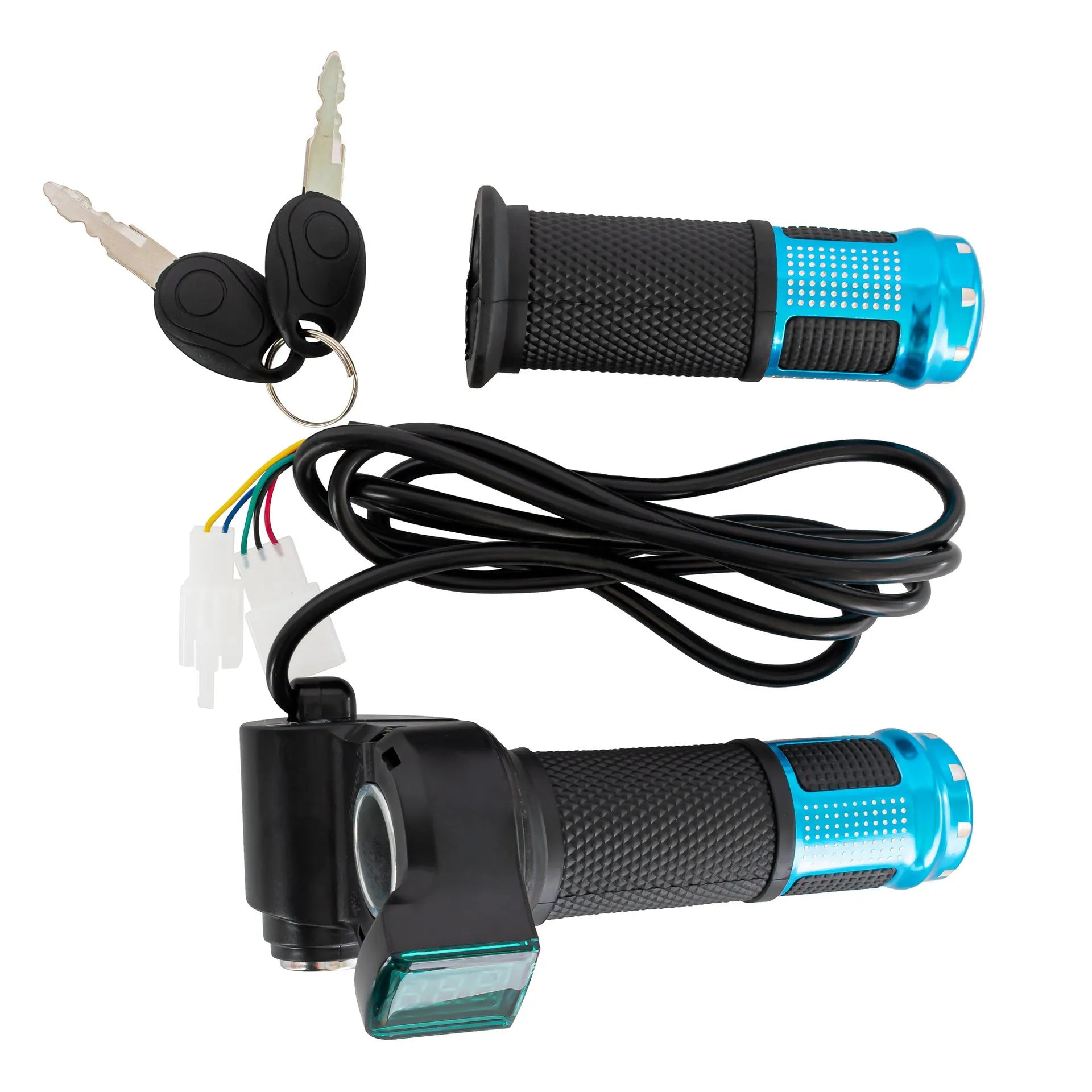 Electric vehicle handlebar control switch section with 5-core wires, shown in blue, red, silver, and yellow colour options.