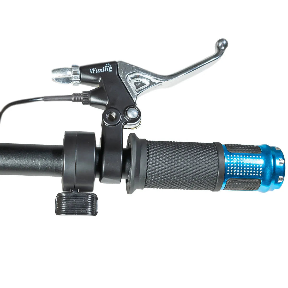 Electric vehicle handlebar control switch section with 5-core wires, shown in blue, red, silver, and yellow colour options.