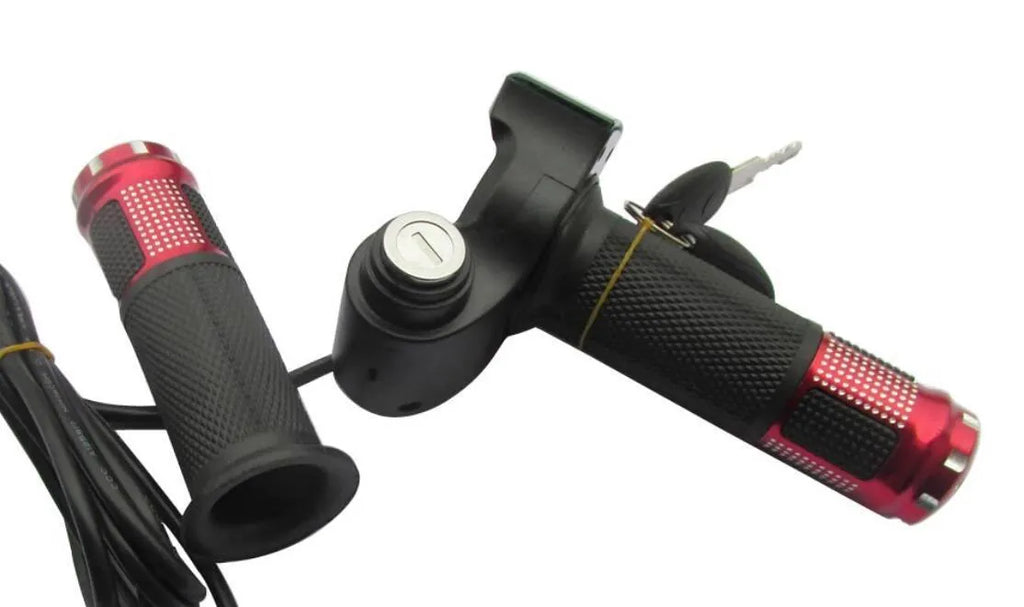 Electric vehicle handlebar control switch section with 5-core wires, shown in blue, red, silver, and yellow colour options.
