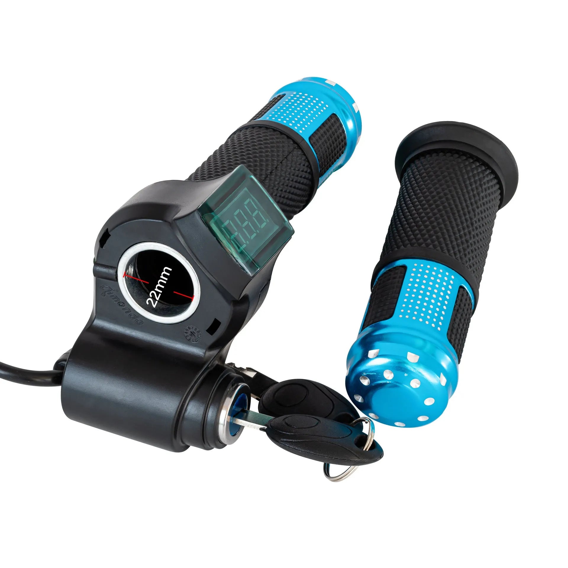 Electric vehicle handlebar control switch section with 5-core wires, shown in blue, red, silver, and yellow colour options.