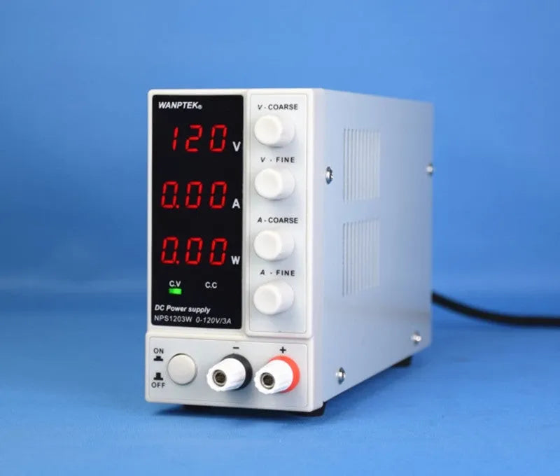 White NPS605W adjustable bench power supply with digital display for electronics testing and repair.