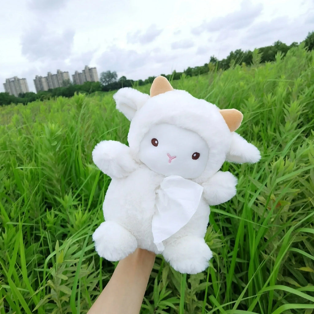 Cartoon lamb soft plush car tissue box organiser with decorative design for dashboard or home.