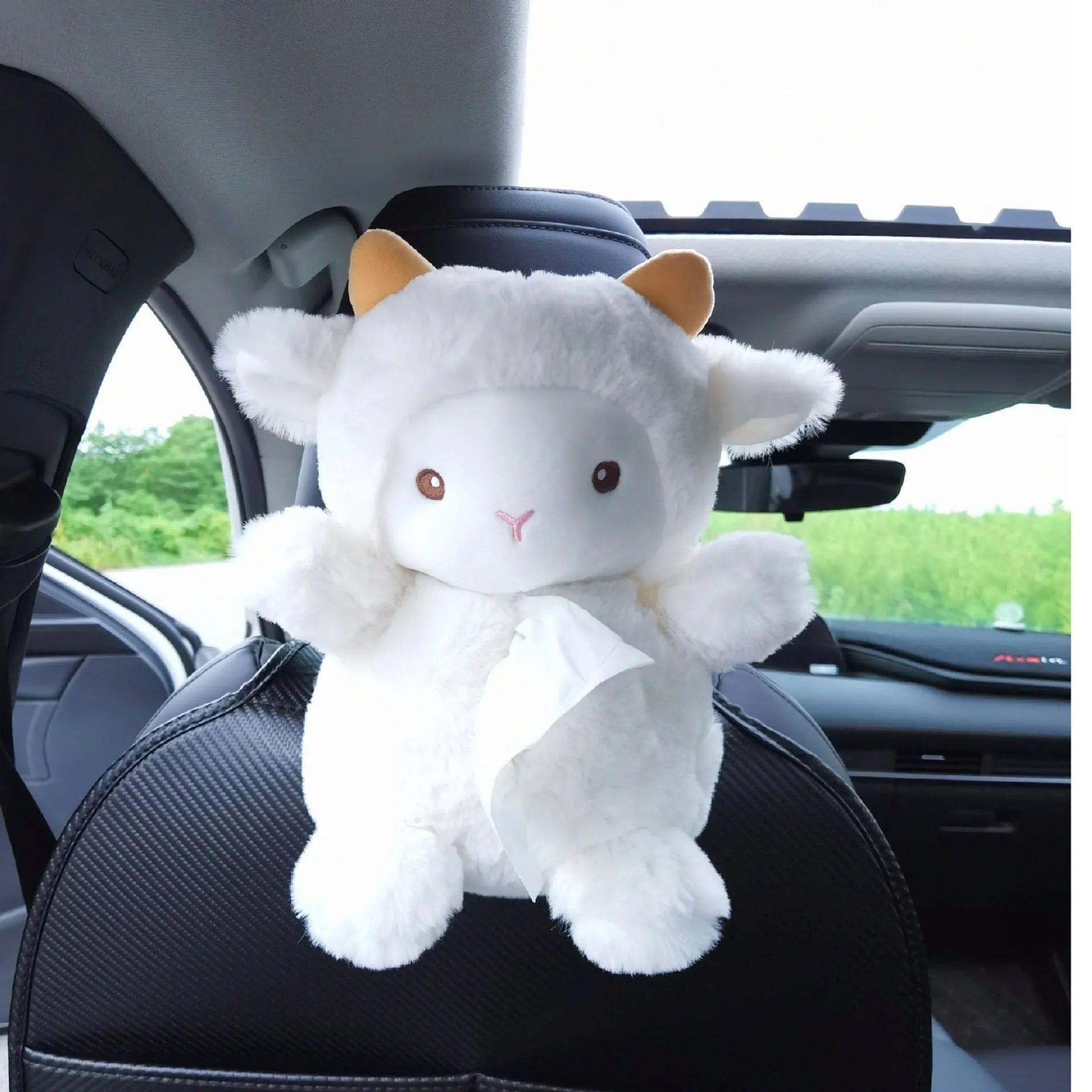 Cartoon lamb soft plush car tissue box organiser with decorative design for dashboard or home.