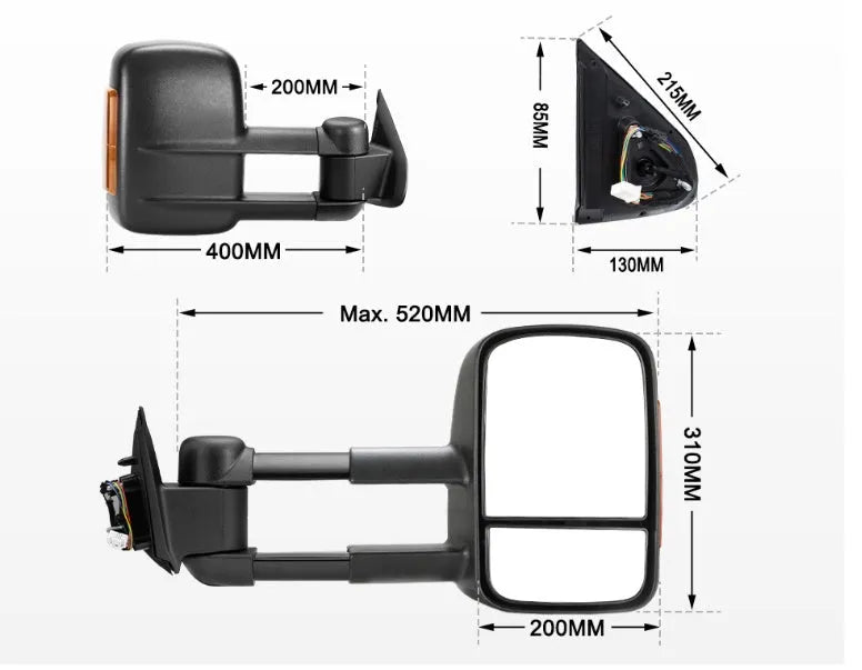 Black electric exterior wing mirror for Nissan NP300 Navara with large glass and integrated light.