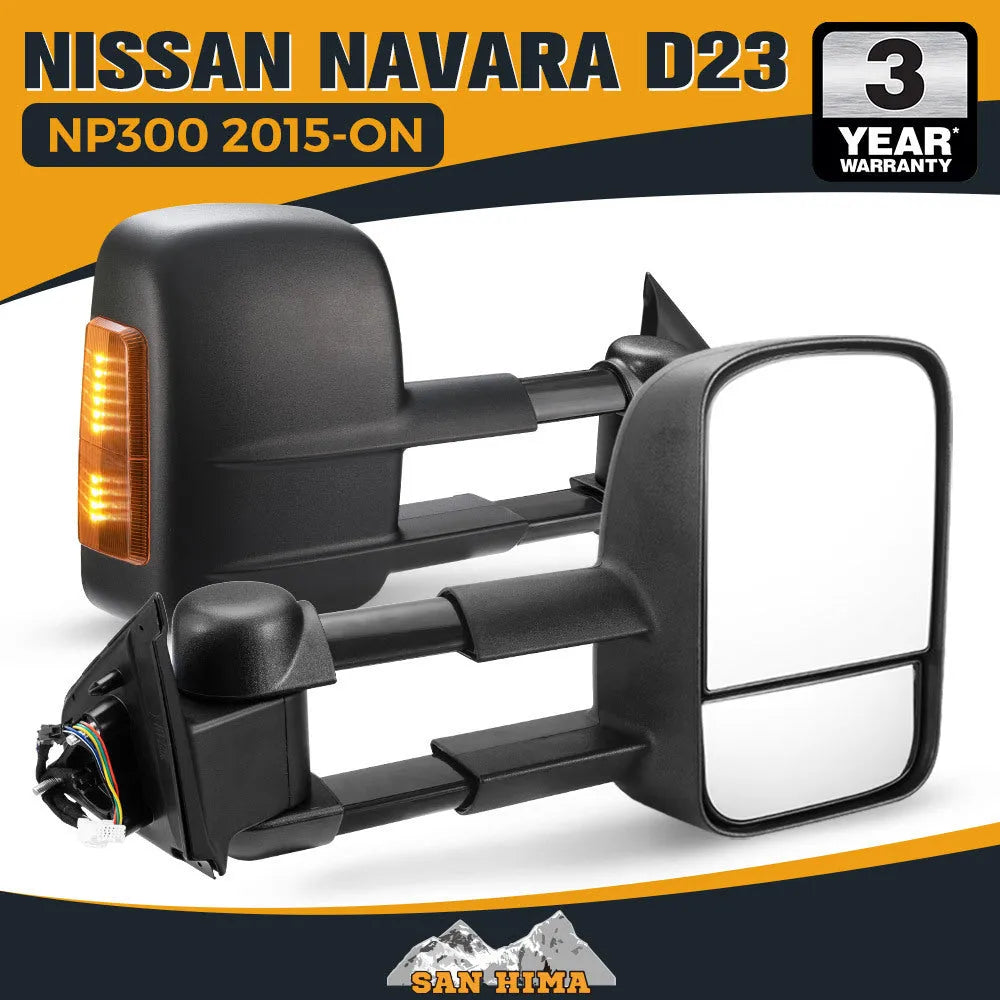 Black electric exterior wing mirror for Nissan NP300 Navara with large glass and integrated light.