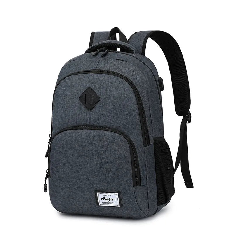 Grey and black nylon USB charging backpack with trolley case slot.