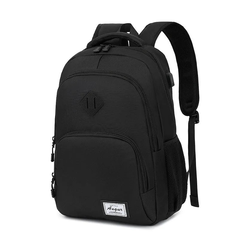 Grey and black nylon USB charging backpack with trolley case slot.